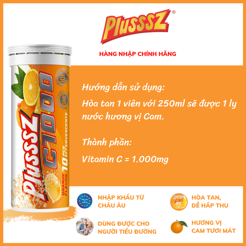 Viên sủi Plusssz C1000 bổ sung 1000mg vitamin C hỗ trợ tăng cường sức đề kháng, vững vàng sức khỏe - nhập khẩu chính hãng