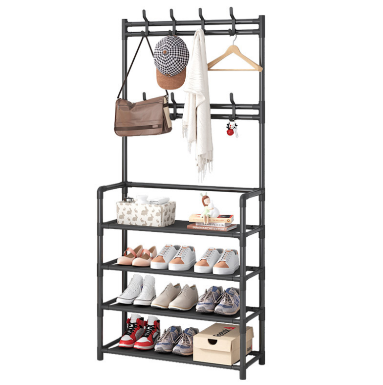 GIÁ KỆ CHỮ L TREO QUẦN ÁO, TÚI XÁCH, BÊN DƯỚI THIẾT KẾ 4 TẦNG ĐỂ GIÀY DÉP, ĐỒ DÙNG TRONG NHÀ, CHẤT LIỆU KHUNG BẰNG SẮT SƠN TĨNH ĐIỆN SIÊU BỀN, CHỊU LỰC TỐT, THIẾT KẾ LẮP RÁP DỄ DÀNG