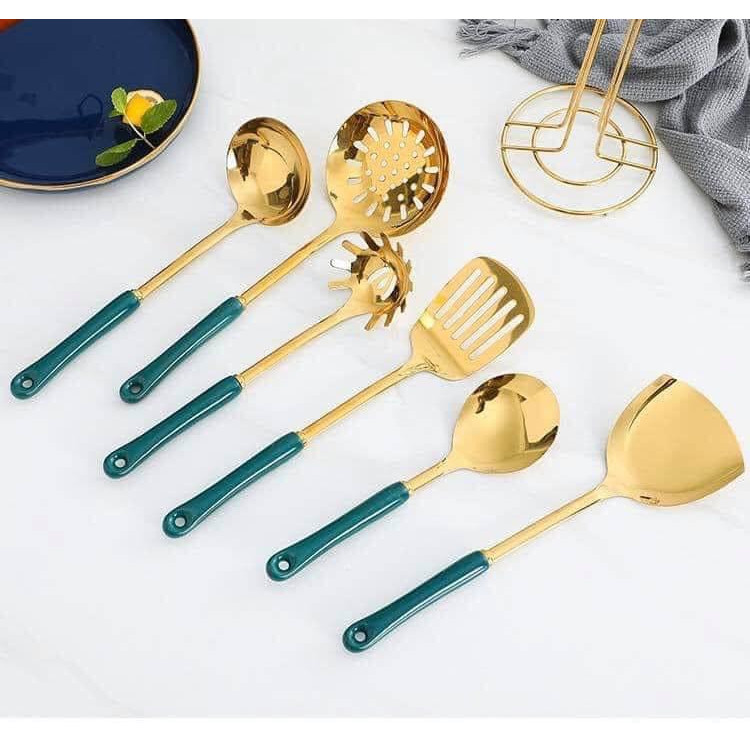 SET NẤU, CHIÊN ,XÀO, VỚT, NHÚNG BẰNG INOX MẠ VÀNG CÁN SỨ XANH CỔ VỊT - ANTH346