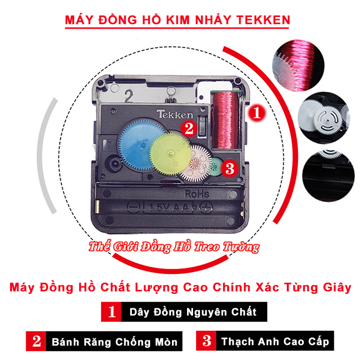 Máy Đồng Hồ Treo Tường Cao Cấp TEKKEN Kim Nhảy - Bộ Kim HOA VĂN hoặc KIM ĐẠI - Pin Tiểu AA Vỏ Nhôm - Bảo Hành 1 Năm