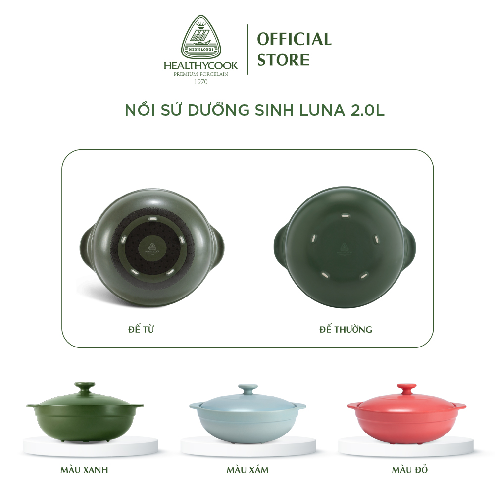 Nồi Sứ Dưỡng Sinh Minh Long Healthy Cook Luna 2.0 L - Dùng Cho Bếp Gas, Bếp Hồng Ngoại