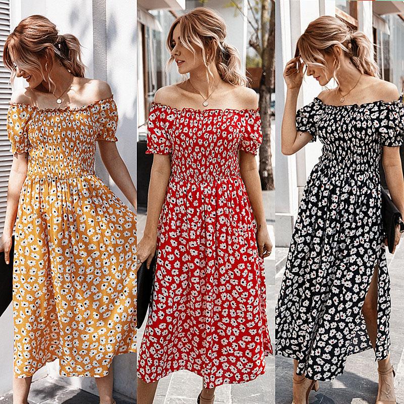 Fashion Women Summer Floral Print Dress Off Shoulder Short Sleeve Ruched Split Hem Bohemian Holiday Dress