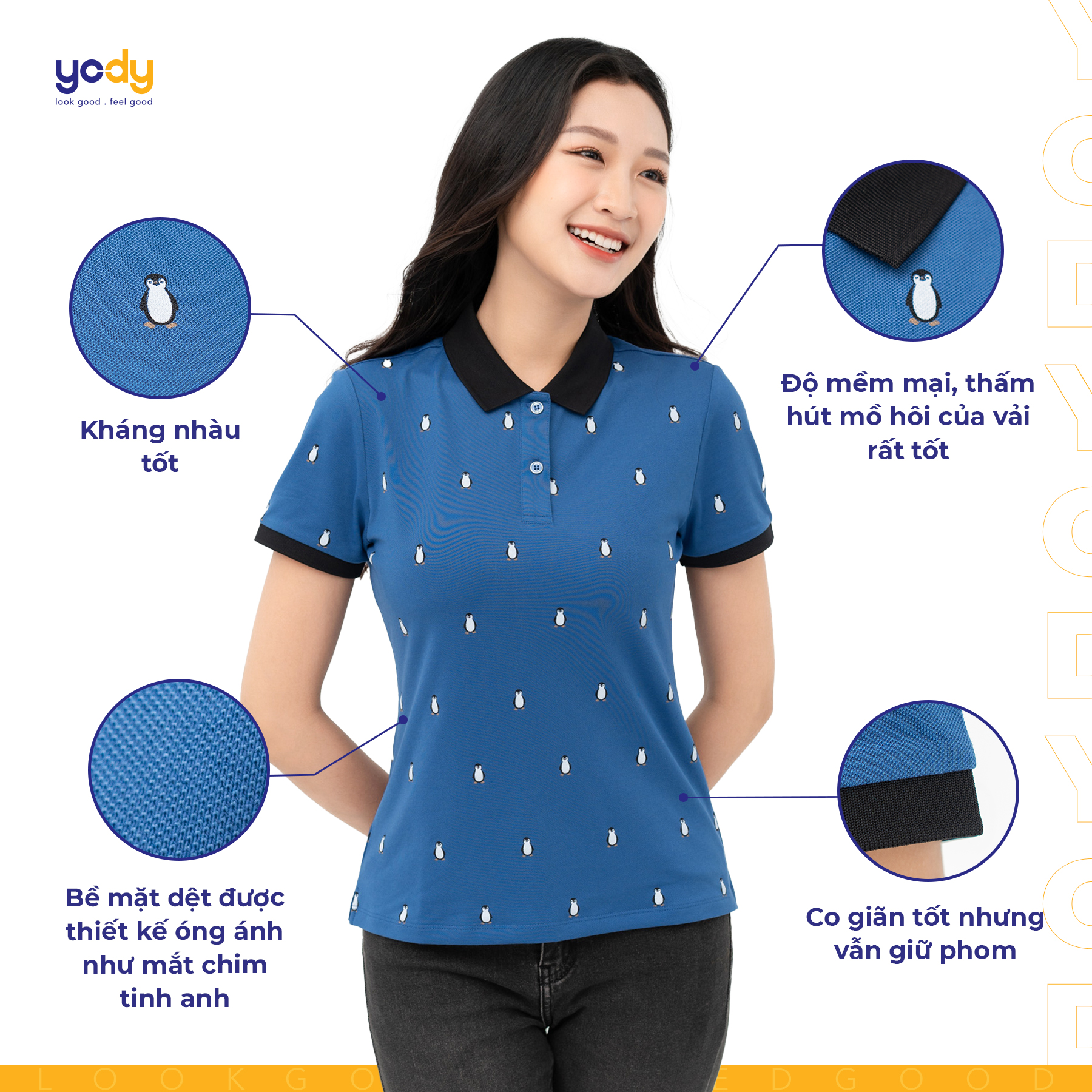 Áo thun polo nữ YODY In chim cánh cụt mềm mịn co dãn năng động APN6176