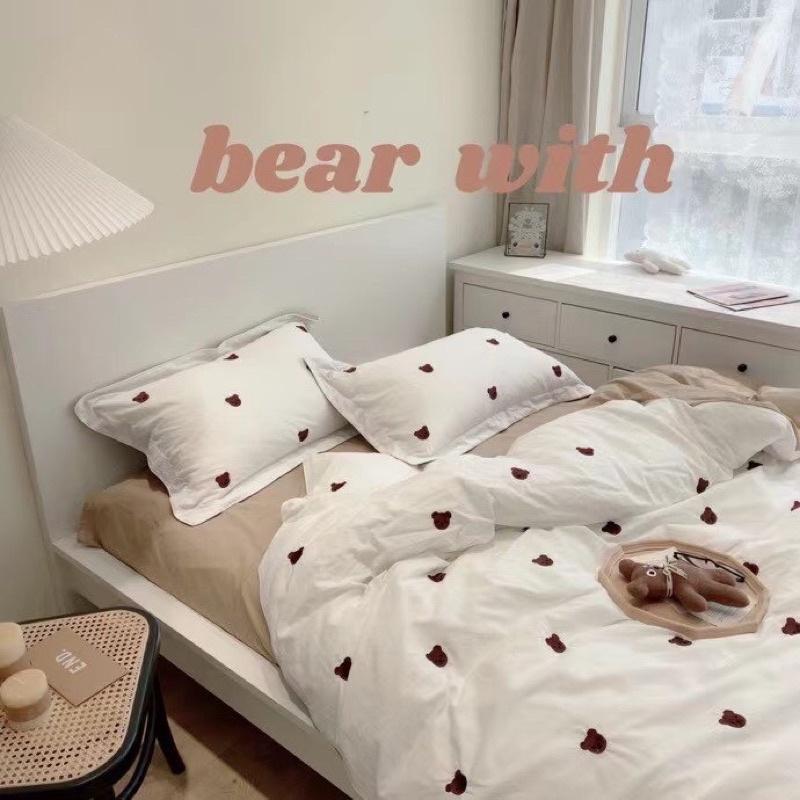 Bộ Chăn Ga Gối Cotton Hữu Cơ Hàng Nhập Khẩu Cao Cấp 4 Món Gấu Teddy Nơ