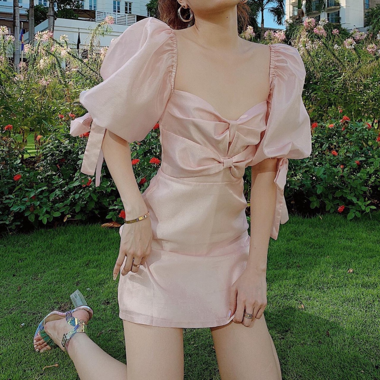 Đầm nơ ngực tay chun xinh xinh BY8171