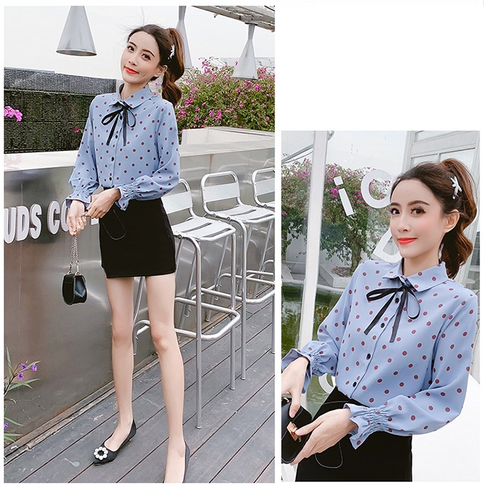 Áo sơ mi công sở chấm bi tay chumpet, thời trang xuân hè 2021