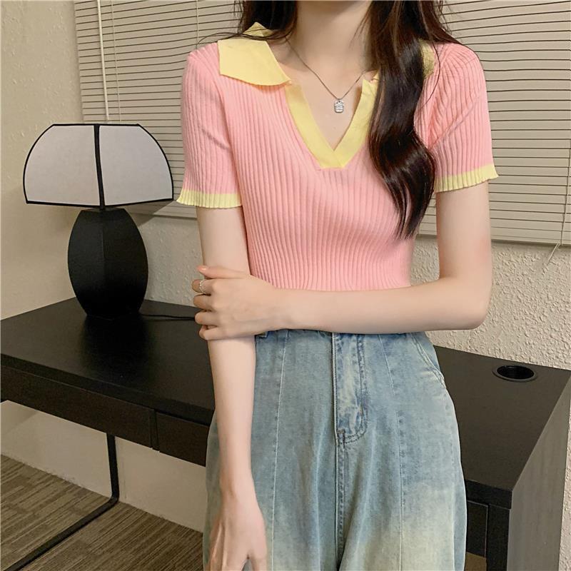 Áo len nữ Montoghi dệt kim Quảng Châu phối VIỀN VÀNG màu trơn cổ bẻ xinh xắn