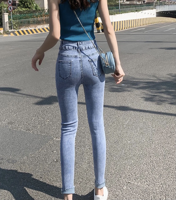 Quần jean dài BIG SIZE xanh đậm lưng 2 nút siêu cao co dãn mạnh 33300 - Dài tua lai 3940 - 33