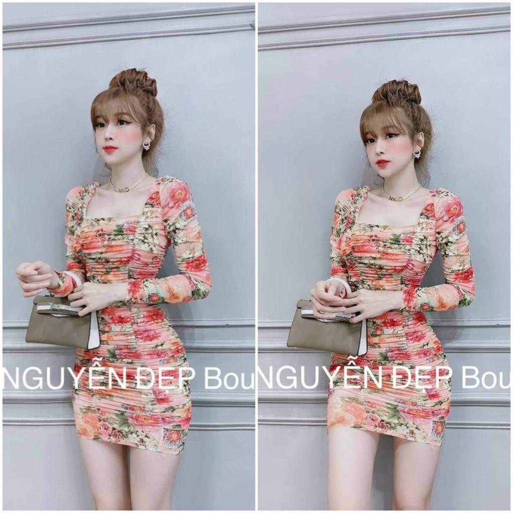 Đầm body nhún cổ vuông họa tiết hoa kèm mút
