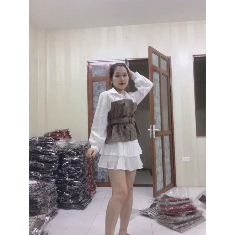 Áo sơ mi thắt eo phối kẻ chất đẹp (có ảnh thật)