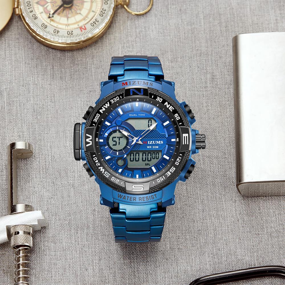 Đồng hồ thời trang MIZUMS Nam,Vỏ hợp kim thép không gỉ Dây đeo kỹ thuật số Analog Dual Movement