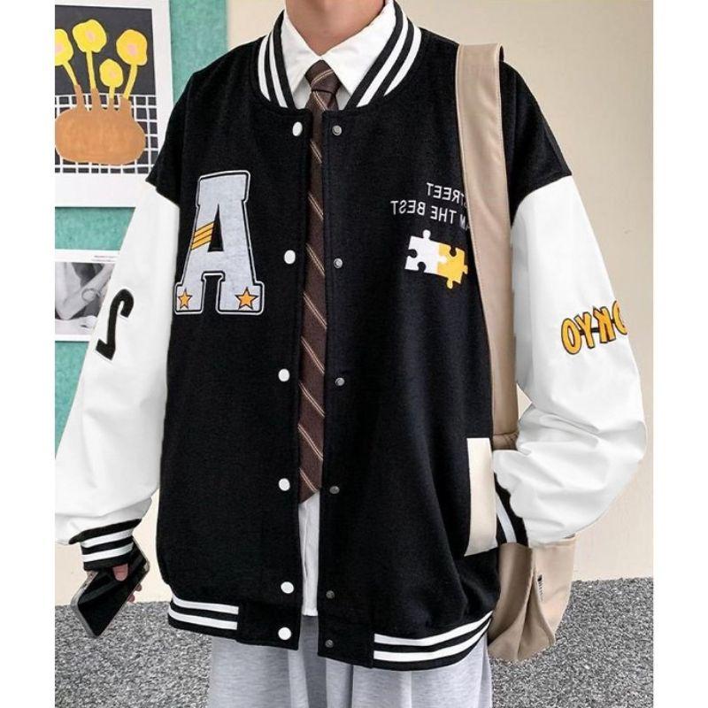 Áo Khoác Varsity Local Brand Bomber Chữ A thêu cả Áo phù hợp cho cả Nam và Nữ, Áo khoác bomber jacket nam nữ phối Nâu Boin shop thêu nỉ 2 lớp, chất nỉ bông siêu đẹp