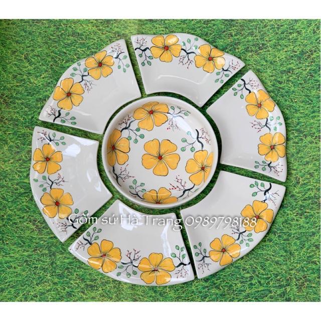 Set đĩa hoa mặt trời gốm sứ Bát Tràng cao cấp vẽ hoạ tiết hoa mai vàng