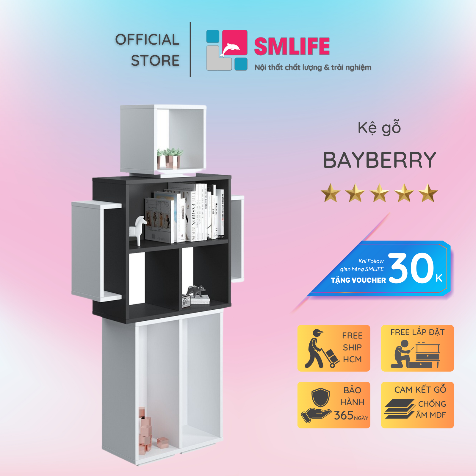 Kệ sách bằng gỗ thiết kế thông minh SMLIFE Bayberry