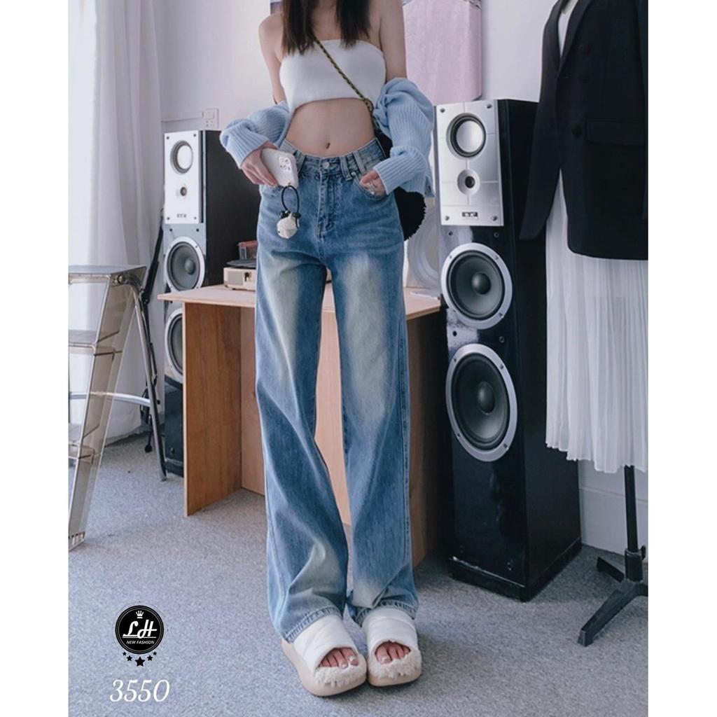 Quần jean nữ ống rộng, quần bò lưng cao màu xanh loang hai màu xả lai lưng kiểu Lê Huy Fashion MS 3550