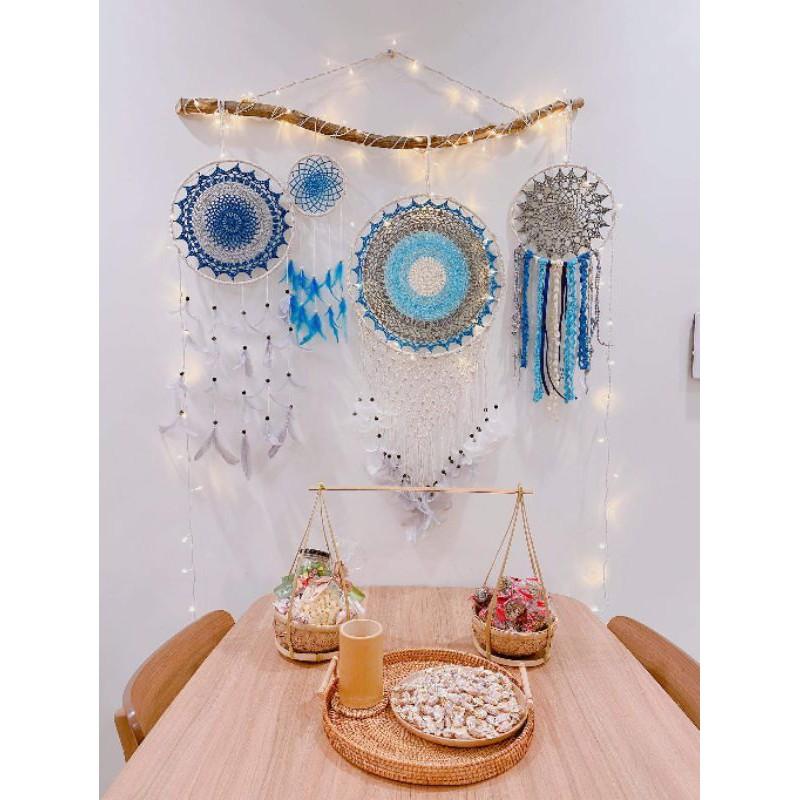 Set dreamcatcher 4 vòng màu xanh dương phụ kiện trang trí nhà phong cách boho