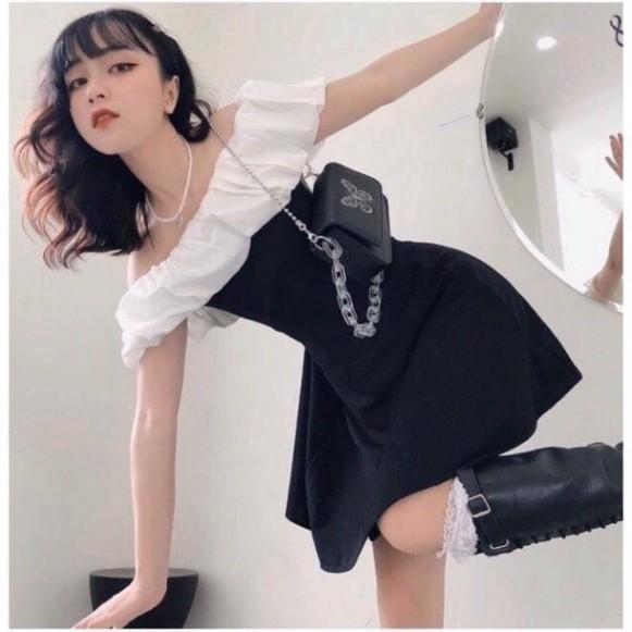 Váy trễ vai bèo ngực trắng / Đầm trễ vai dáng ôm phối ngực trắng_Moonunisex