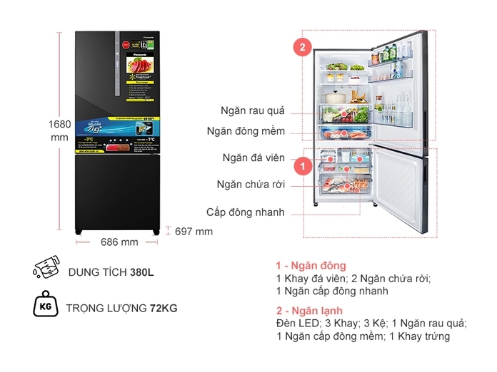 Tủ lạnh Panasonic NR-BX421WGKV 380L 2 cánh inverter ngăn đá dưới - Hàng chính hãng - Chỉ giao tại Hà Nội