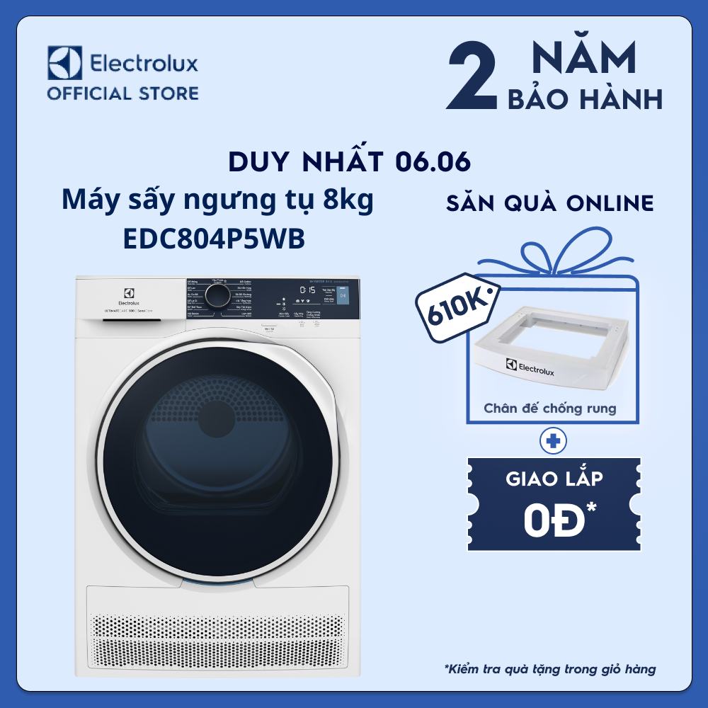 [Free Giao lắp] Máy sấy ngưng tụ Electrolux 8kg EDC804P5WB - Lồng giặt chuyển động đảo chiều, giảm nhăn, giảm phai màu, tiết kiệm, bảo vệ áo quần [Hàng chính hãng]