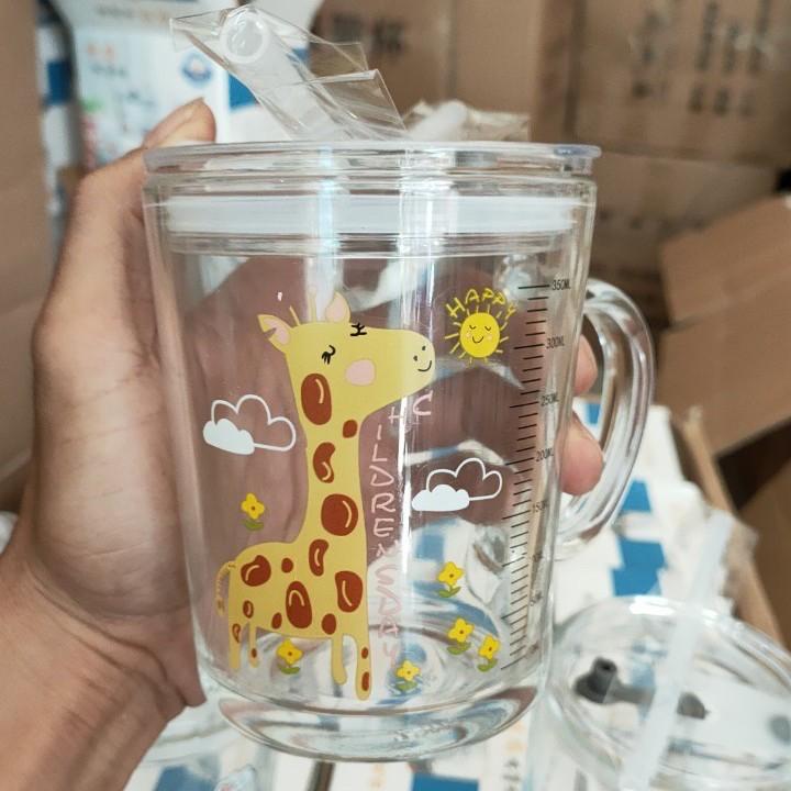 Cốc Pha Sữa Thuỷ Tinh Có Vạch Chia ML, Nắp Đậy Và Ống Hút Siêu Tiện Lợi