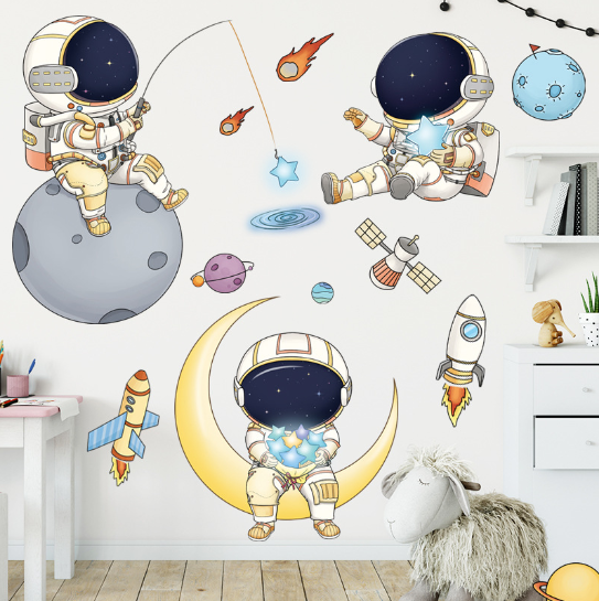 Decal trang trí tường - Hái sao cùng 3 bạn phi hành gia