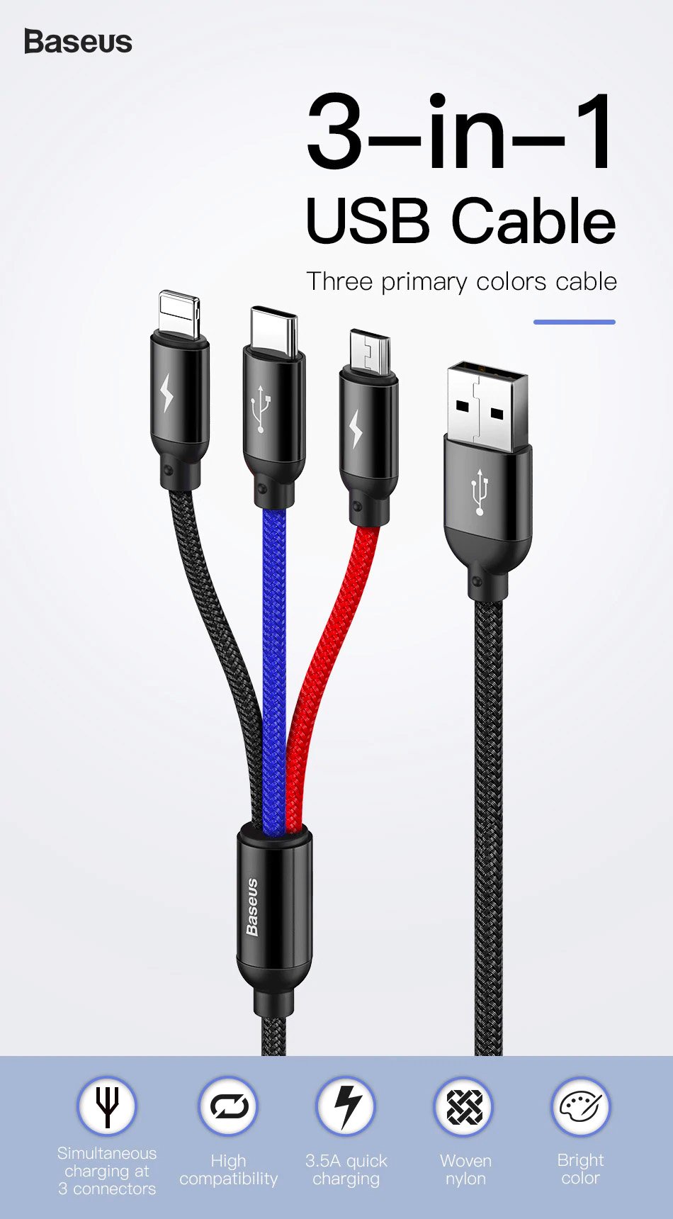 Cáp sạc 3in1 Baseus Three Primary Colors Fast Charging Cable 3.5A CAMLT-BSY USB to C+M+L- hàng chính hãng