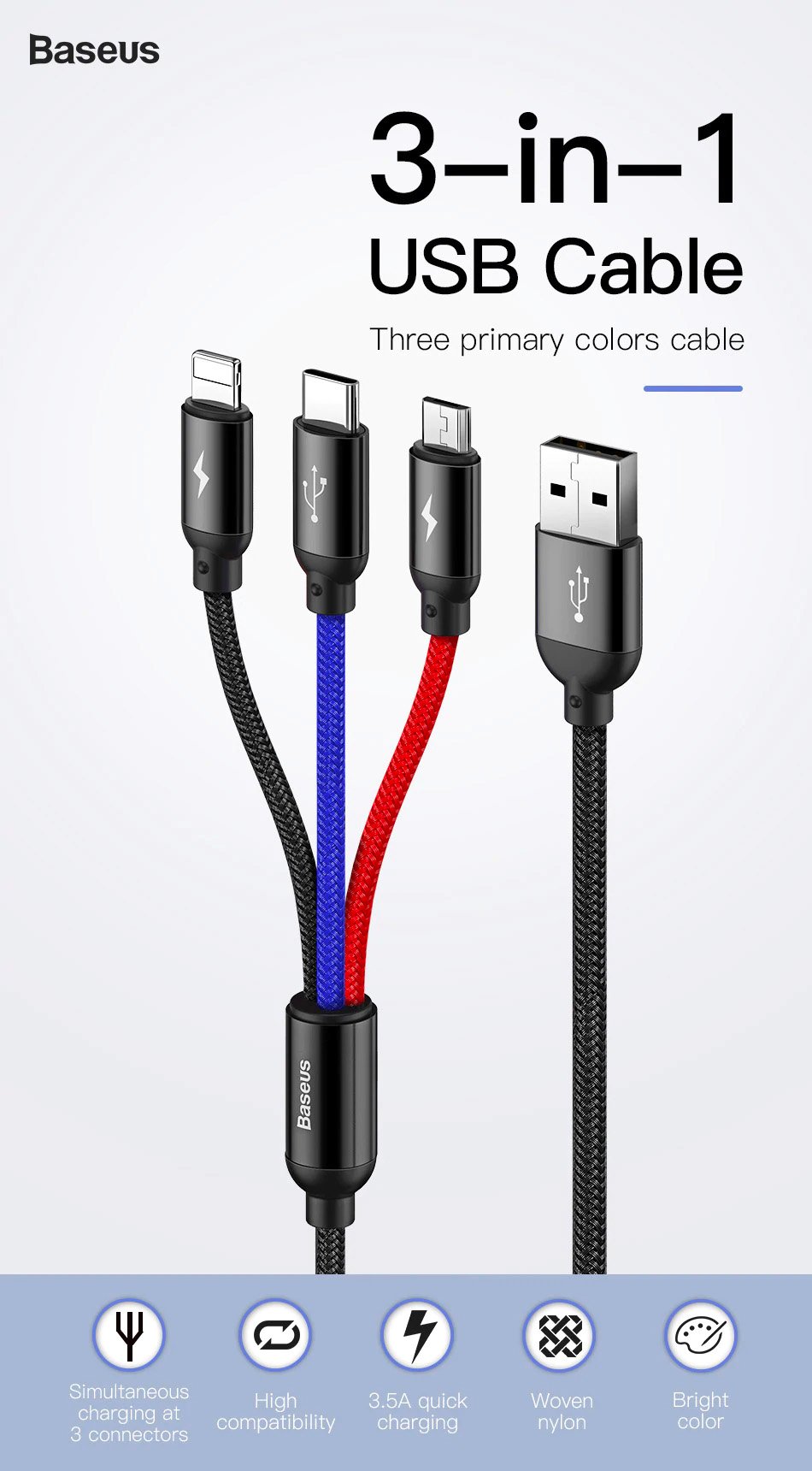 Cáp sạc 3 đầu và truyền dữ liệu tốc độ cao Baseus Three Primary Colors 3 in 1 cable CAMLT-BSY (USB to Type C/ Micro/ Light-ning Fast Charging Cable, 3.5A)- Hàng chính hãng