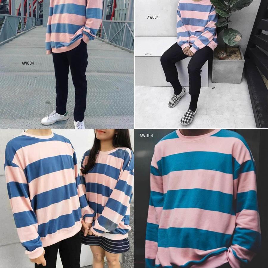 Áo Nỉ Sweater Nam Nữ Unisex Kẻ Hồng Xanh Dài Tay