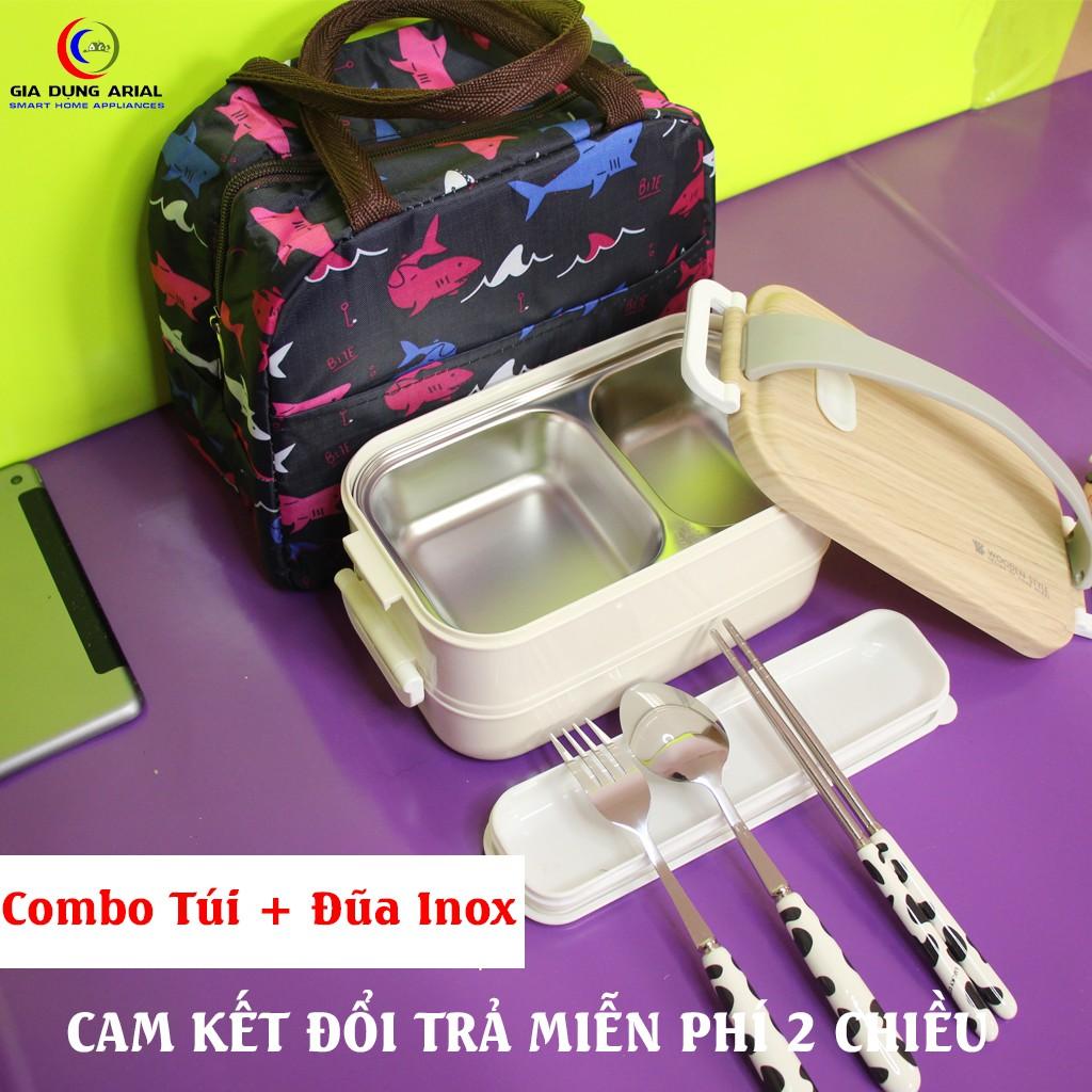 Hộp Đựng Cơm Và Thức Ăn 2 Tầng Kèm Túi Và Bộ Đũa Thía Inox Có Hộp Đựng