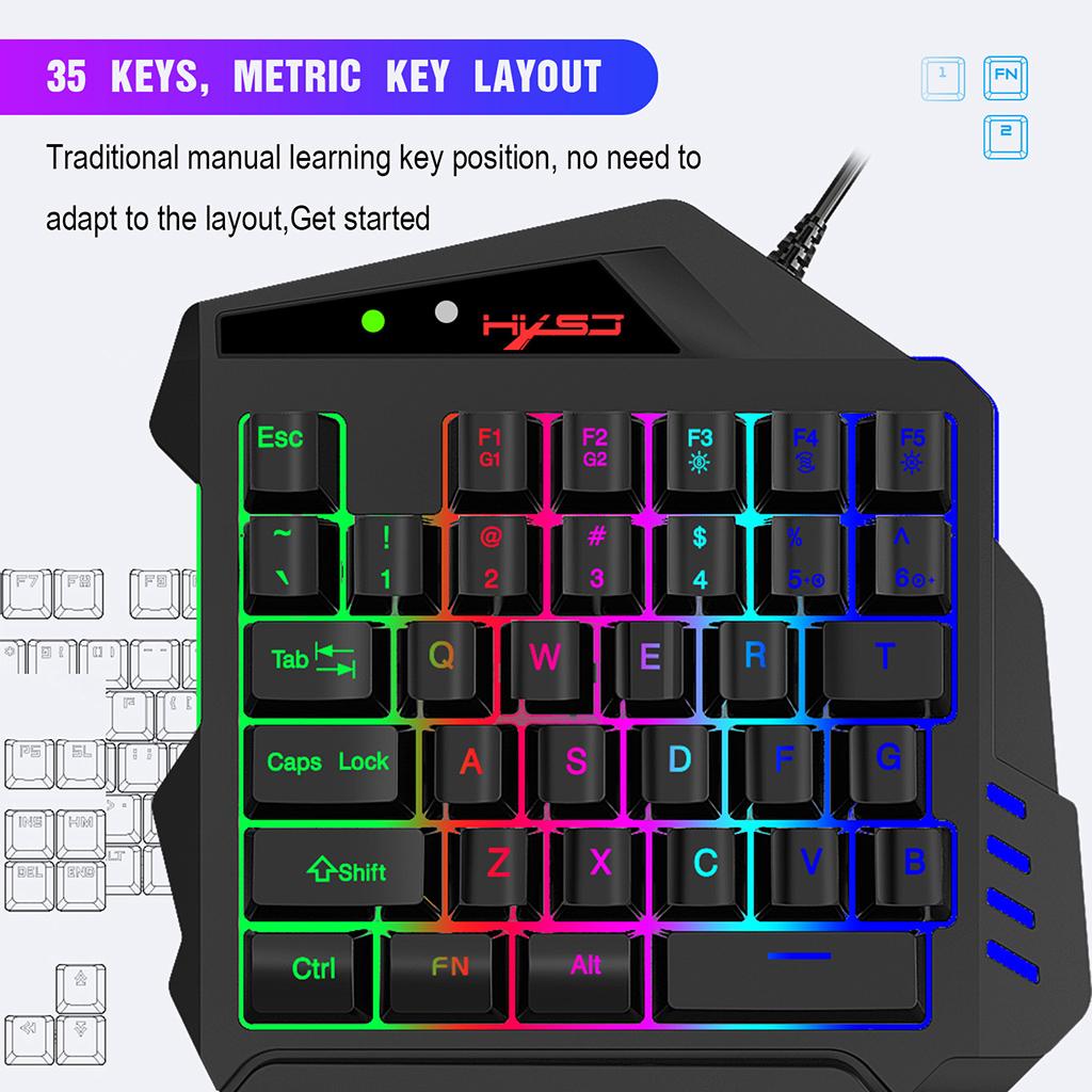 One Handed Keyboard, Wired 35 Keys LED Backlit Gaming Keyboard, Ergonomic Mini Single Handed Keypad with Wrist Rest, Built-in Keyboard Mouse Adapter