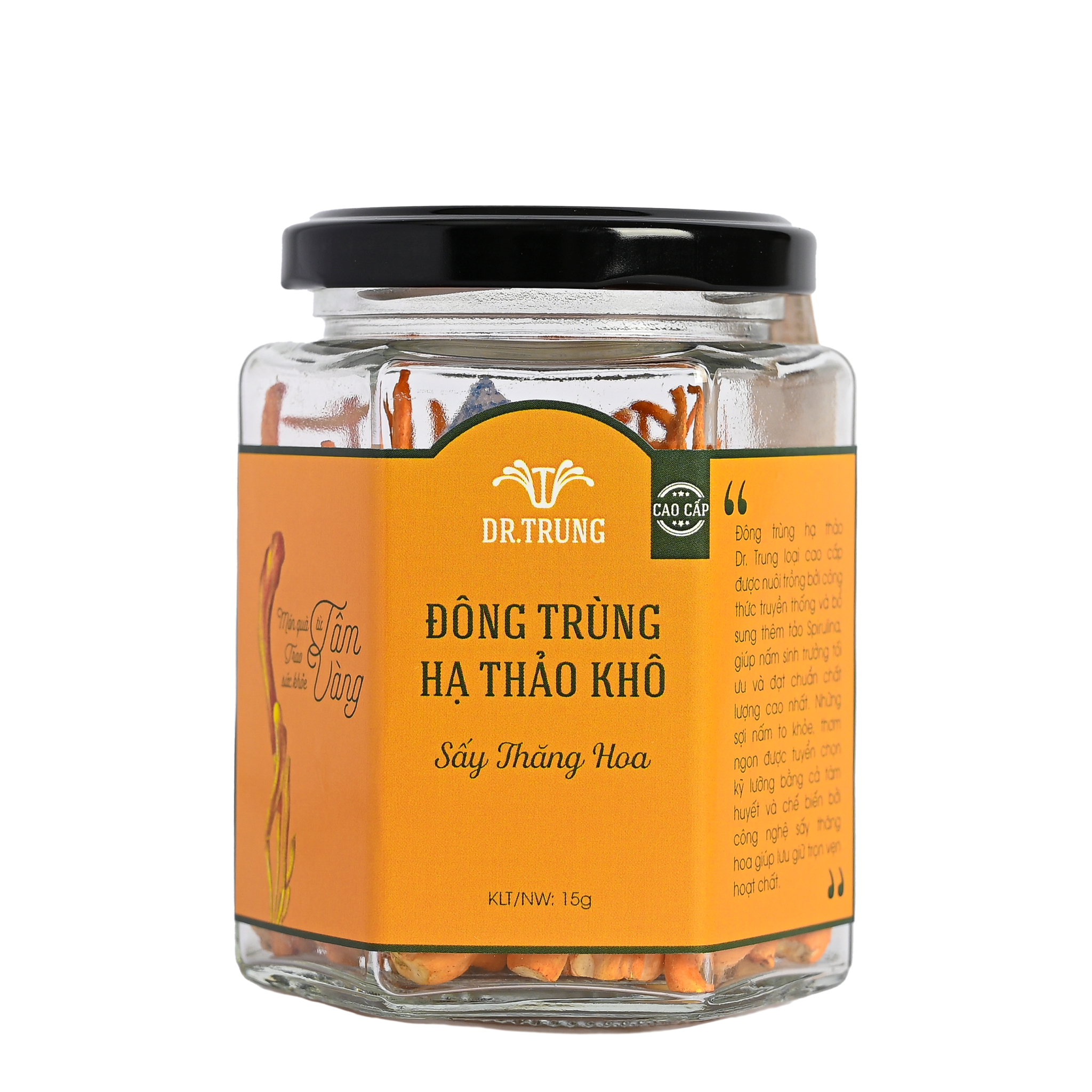 Đông trùng hạ thảo Dr. Trung Sấy thăng hoa loại Cao cấp - Công thức cải tiến bổ sung tảo Spirulina và Protein thực vật tạo dược chất cao, Sợi dài chọn lọc - Giúp cải thiện giấc ngủ, Ổn định huyết áp, Tăng hệ miễn dịch, Giảm nguy cơ đột quỵ