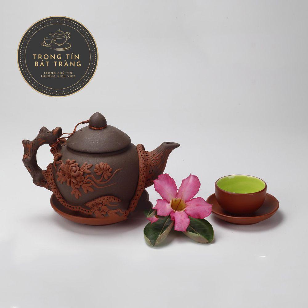 Bộ Ấm Chén Trà Đạo Gốm Tử Sa Bát Tràng Đắp Nổi Hoa Phù Dung Dáng Thủy Bình Dung Tích 400ml ATSML 02.4