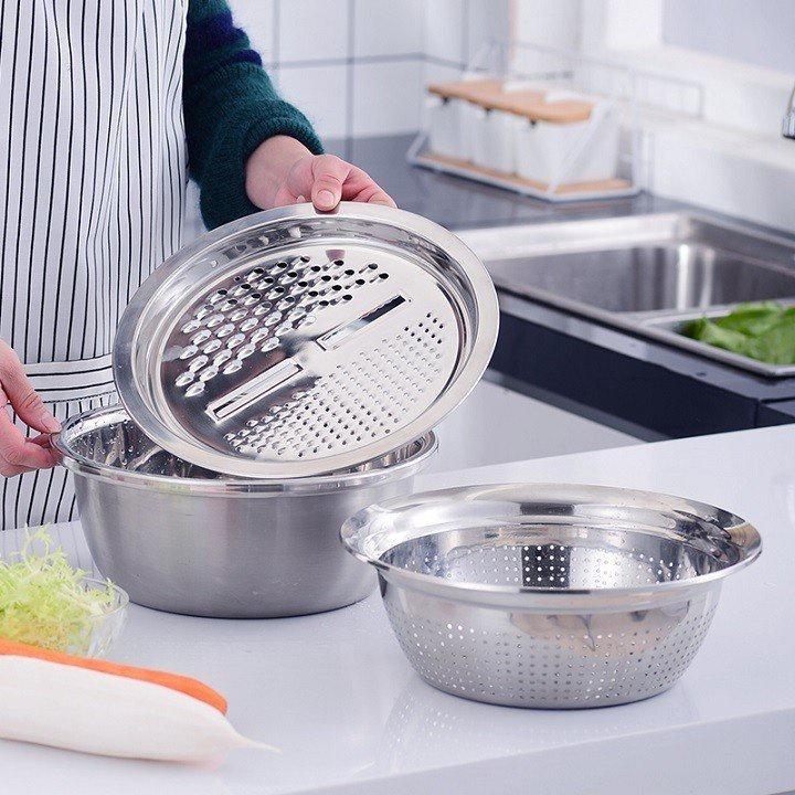 Bộ Thau, Rổ, Nạo Bào Cắt Rau Củ 3 Món Inox Tiện Lợi