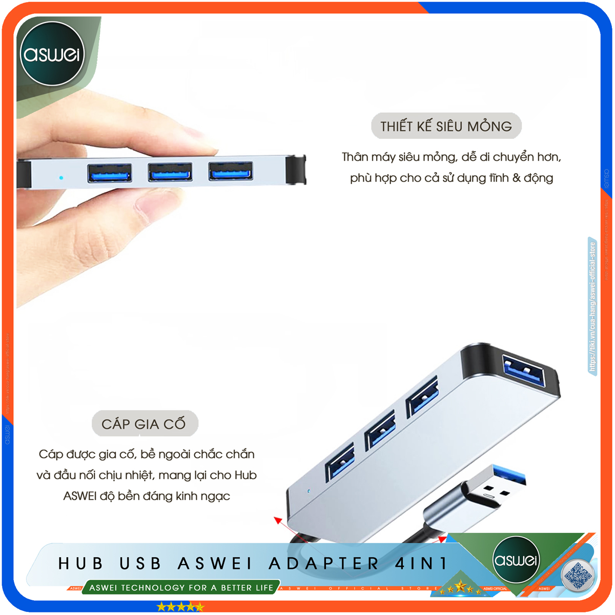 Hub USB 3.0 ASWEI 4 in 1 - Bộ Chia USB Tốc Độ Cao 4 Cổng - Hub Chuyển Đổi USB Type-C Dành Cho Macbook, Laptop, PC, Máy Tính Bảng, Điện Thoại - Hàng Chính Hãng
