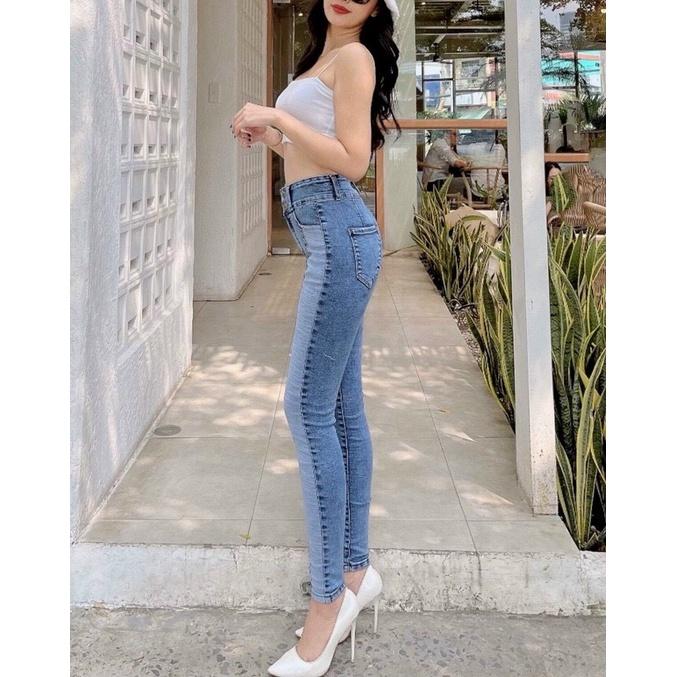 Quần jean Nữ Ghép Thân 2 Màu Lưng CAo Vải Mềm Co Giãn
