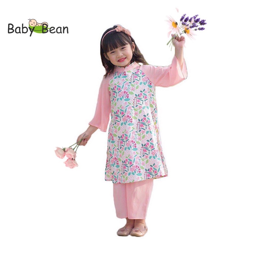 Bộ Áo Dài Truyền Thống vải Chiffon Hoa Bé Gái BabyBean