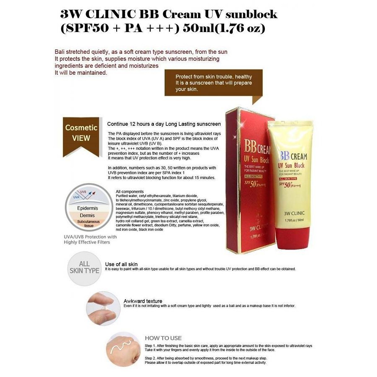 Kem nền chống nắng và dưỡng ẩm BB Cream UV Sun Block 3W Clinic SPF 50+ PA+++ 50ml - Hàn Quốc Chính Hãng