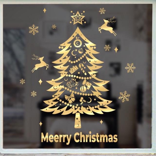 Decal trang trí tường Noel - Ánh vàng thông nhọn kèm chữ cao cấp