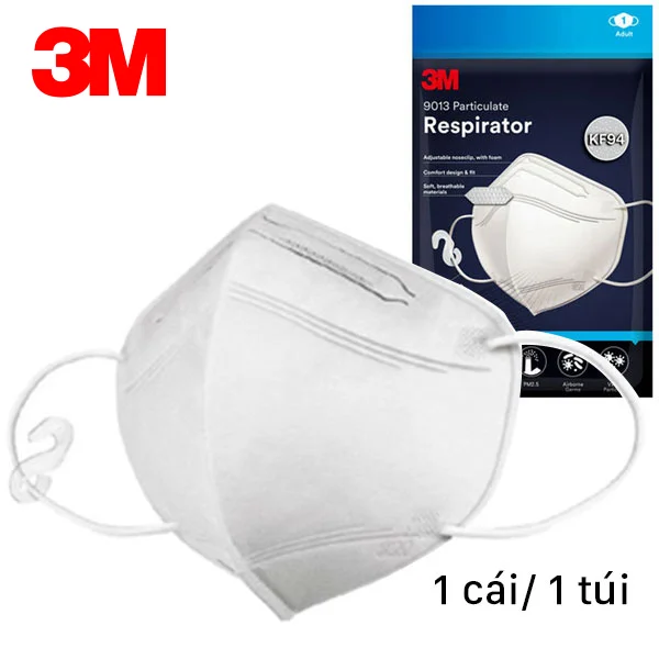 Khẩu trang KF94 3M 9013 Hàn Quốc lọc bụi, kháng khuẩn, có nẹp mũi kim loại, 2 màu trắng đen, 1 chiếc/túi