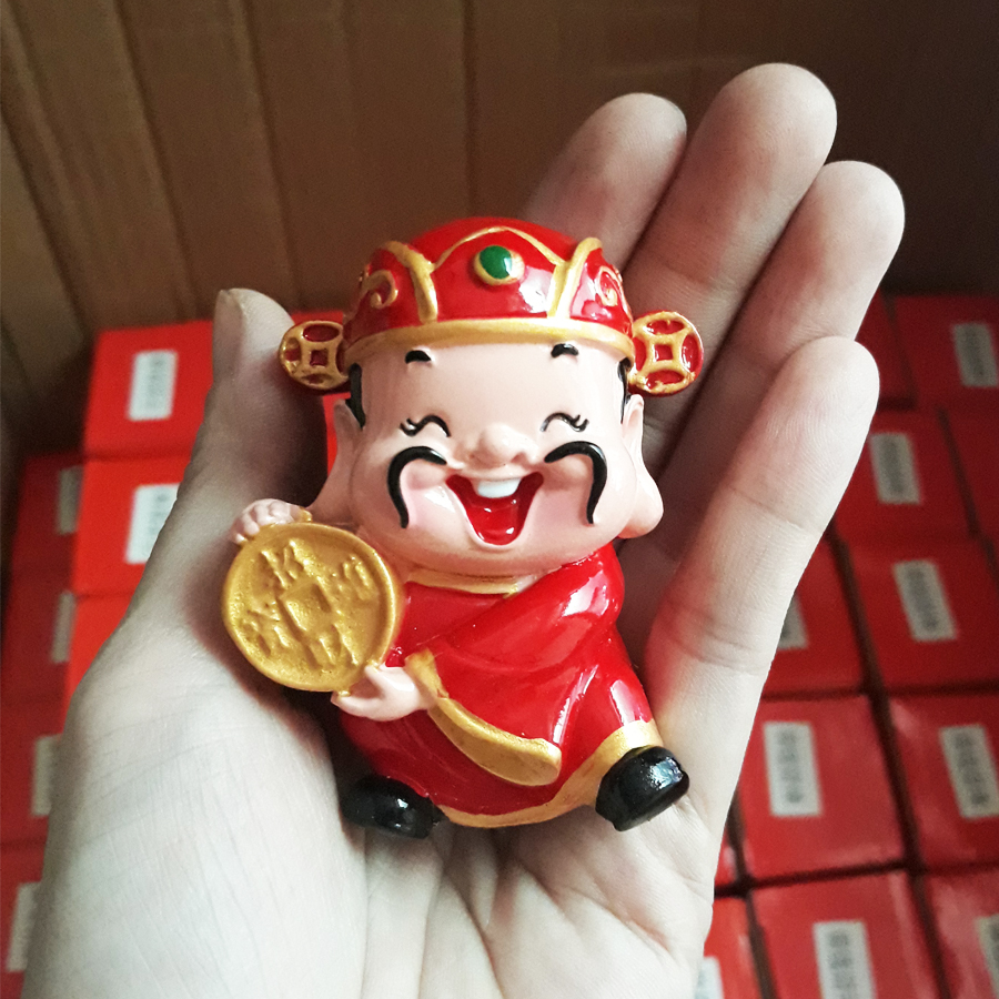 Bộ 04 tượng Thần Tài - Di Lặc kèm túi đỏ chữ Phát và chân đế giả đá size nhỏ