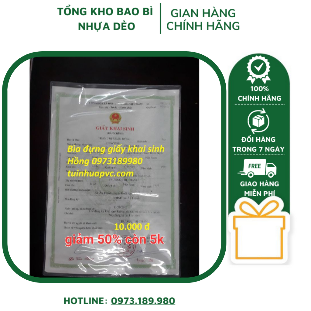 Bìa Khổ A4 Đựng Giấy Khai Sinh, Giấy Kết Hôn...Bọc Pvc Có Nắp Trong Suốt