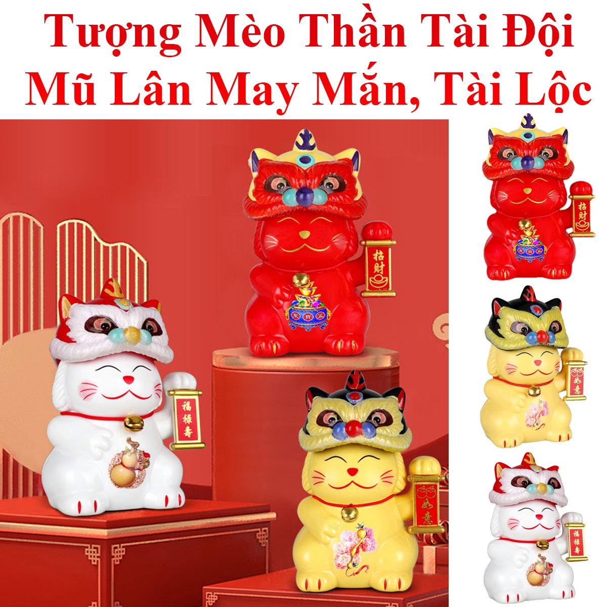 Tượng Mèo Thần Tài Đội Mũ Lân May Mắn, Tài Lộc