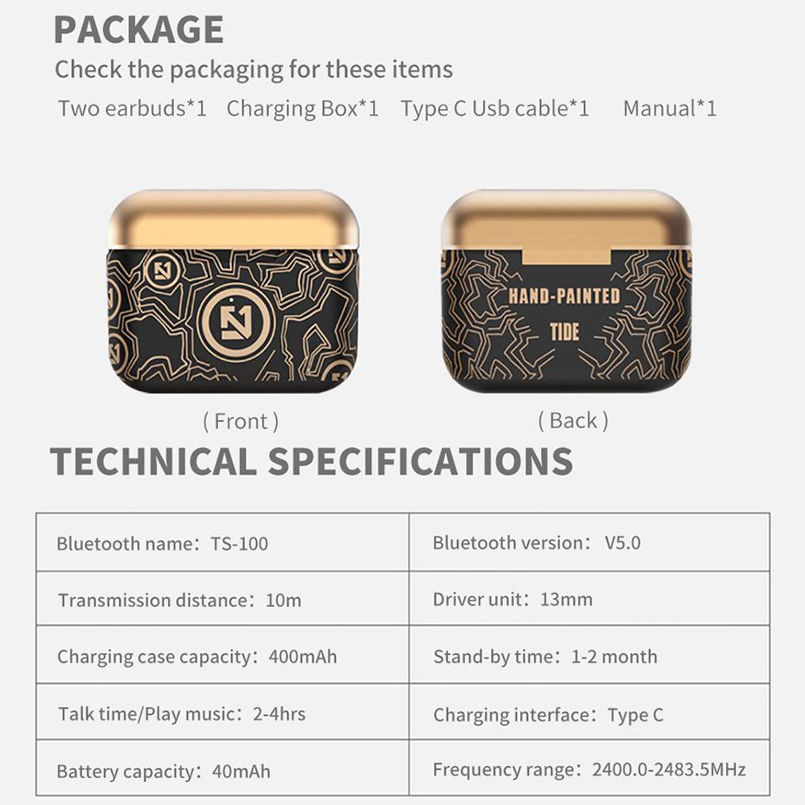 Hifi TS-100 True Wireless Earbuds Bluetooth 5.0 Touch Control with Charging Case IPX5 Sweat Proof Waterproof TWS Stereo in-Ear Built-in Mic Headset