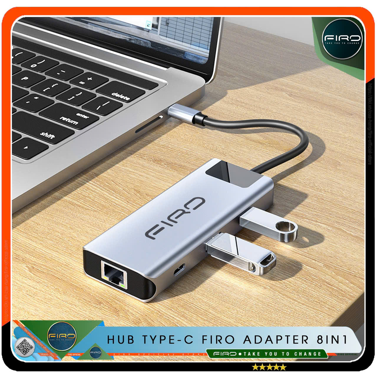 Hub Type-C FIRO 8in1 - Hub Chuyển Đổi Type-C To HDMI 8in1 Chuẩn HDTV - 1 Cổng HDMI 4K, 2 Cổng USB 3.0 / 2.0, 2 Khe Đọc Thẻ TF / SD, 2 Cổng PD / USB-C, 1 Cổng Mạng Lan - Kết Nối Tốc Độ Cao - Dùng Cho Smartphone/Laptop/PC/Tivi/Playstation - Hàng Chính Hãng