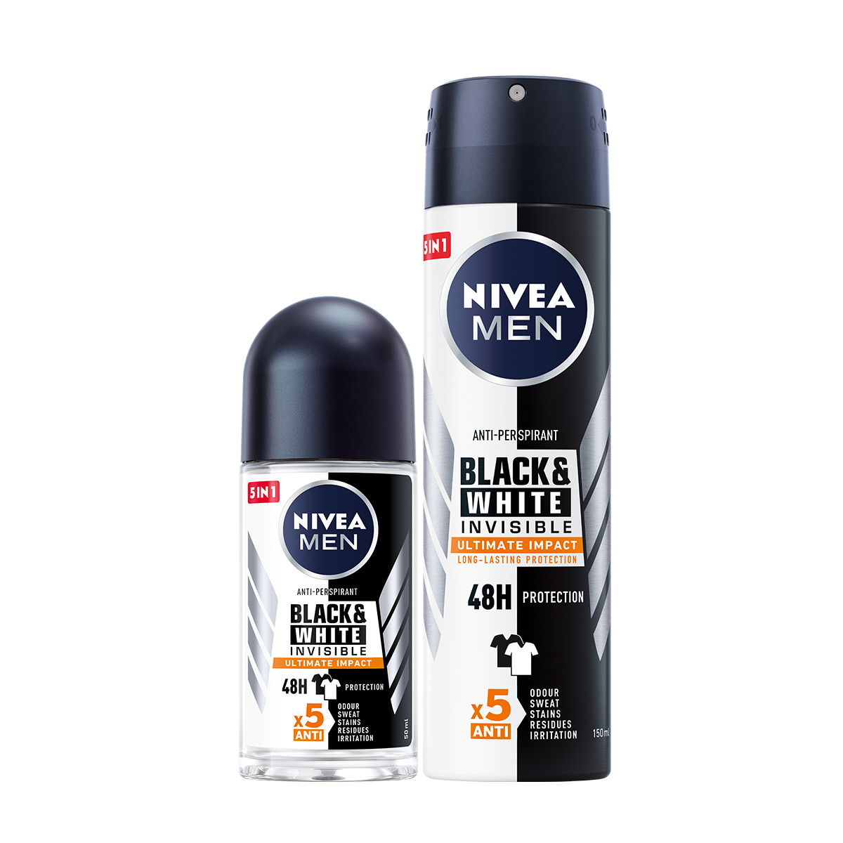 Bộ đôi Lăn Ngăn Mùi NIVEA MEN Black &amp; White Ngăn Vệt Ố Vàng Vượt Trội 5in1 (50ml) - 85392 &amp; Xịt Ngăn Mùi NIVEA MEN Black &amp; White Ngăn Vệt Ố Vàng Vượt Trội 5in1 (150ml) - 85388