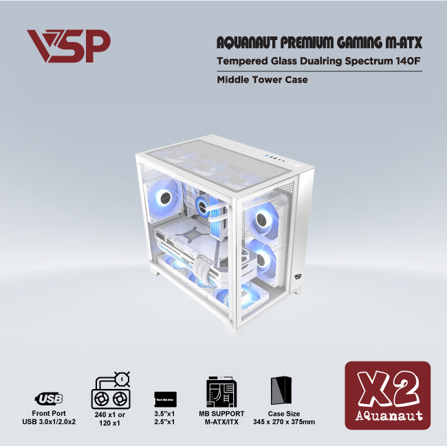 Vỏ máy tính Case VSP X2 Aquanaut [TRẮNG] không Fan Kính cường lực 2 mặt (M-ATX,I-ATX) - Hàng chính hãng Tech Vision phân phối