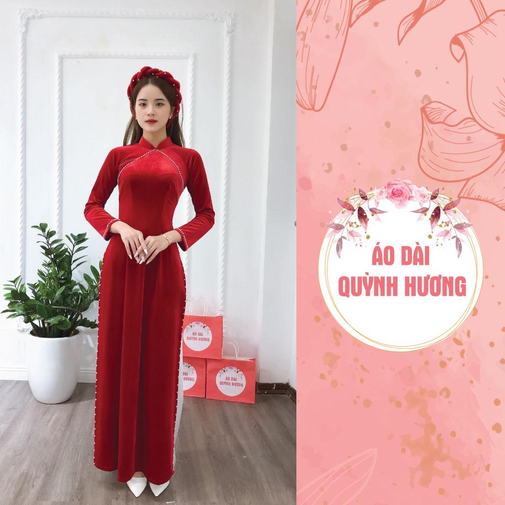 Áo dài nhung đính hạt cổ và tà