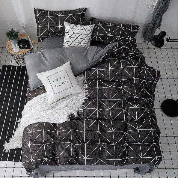 Bộ chăn ga gối Cotton cao cấp 1m6x2m nâu kẻ sọc trắng THC002