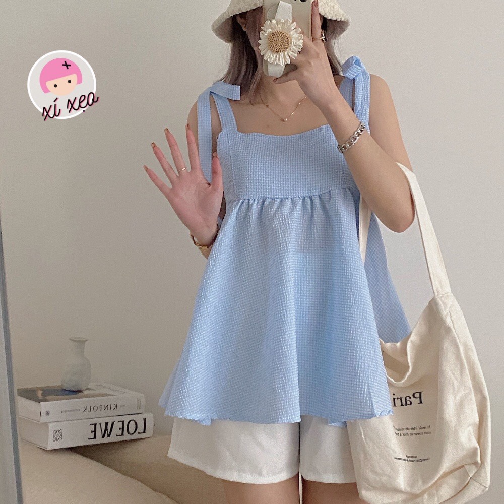 Sét áo 2 dây buộc nơ bánh bèo và quần sooc trắng hàn quốc
