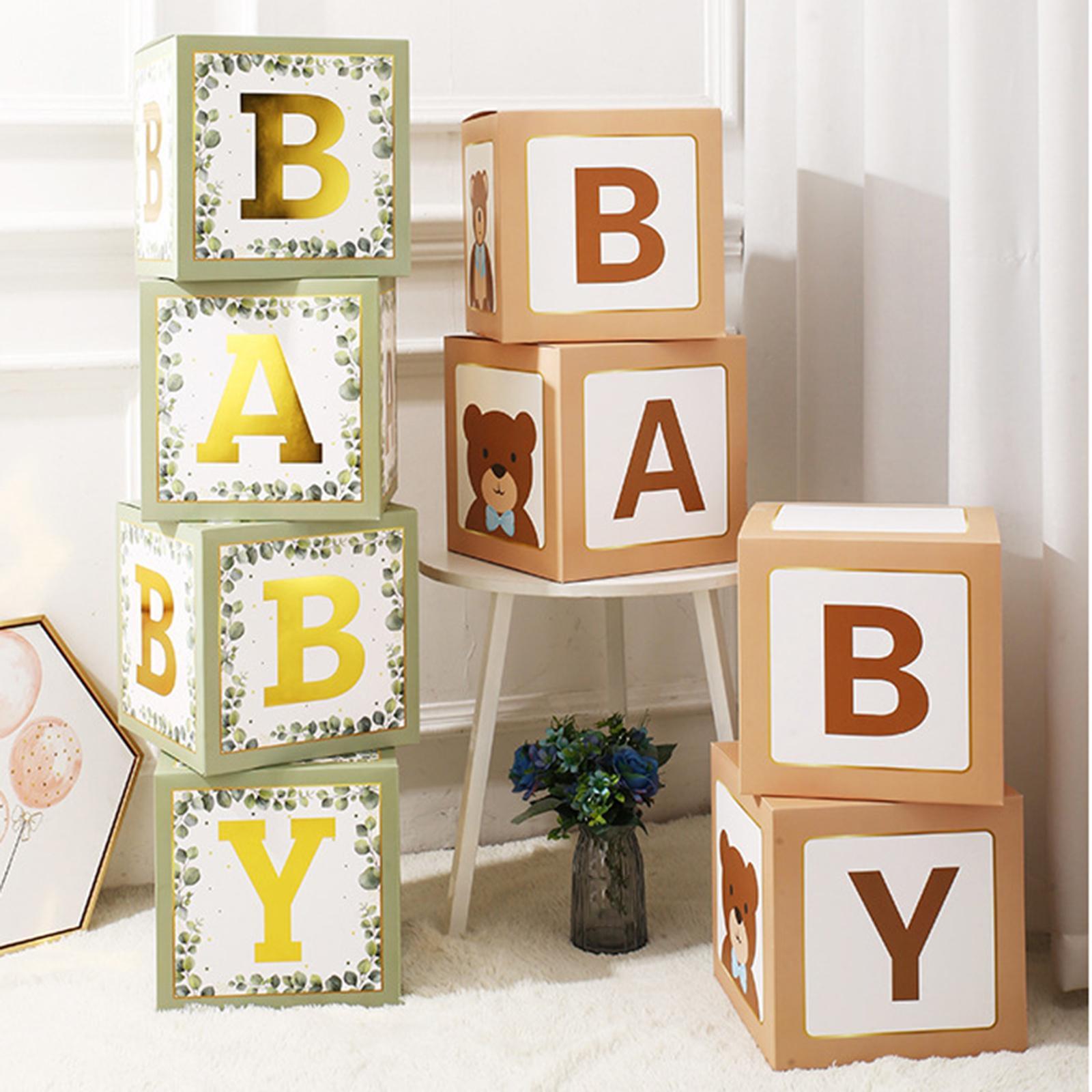 4PCS Baby Shower Decorations for Boy Girl, Baby Box Block Balloons Boxes with Letters, Gender Reveal Decor, Birthday Party Backdrop